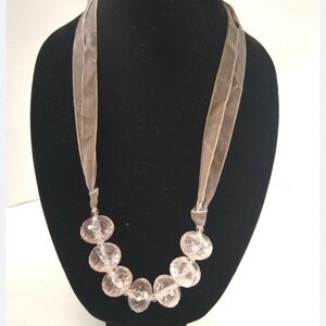 Vintage Acrylic Bead Necklace w/ Velvet Ribbon - Women - 44" Length - Gray